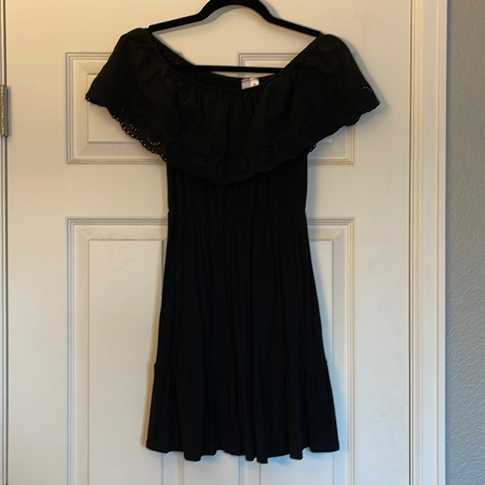 Black mini dress with ruffle neck